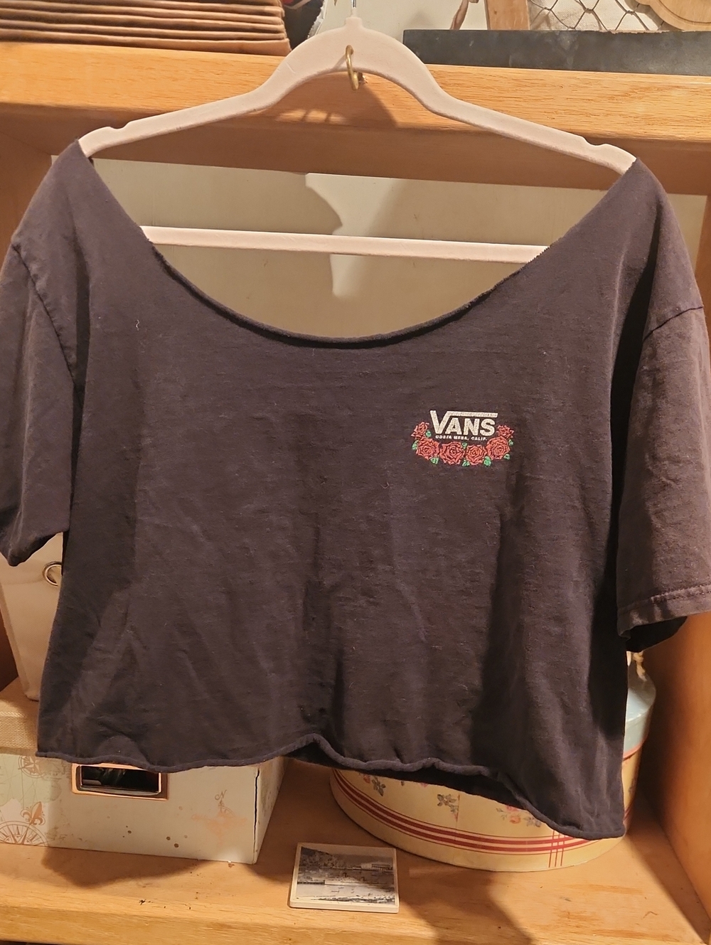 Vans Black Cropped Tee with Rose Chest Ams Back Logo